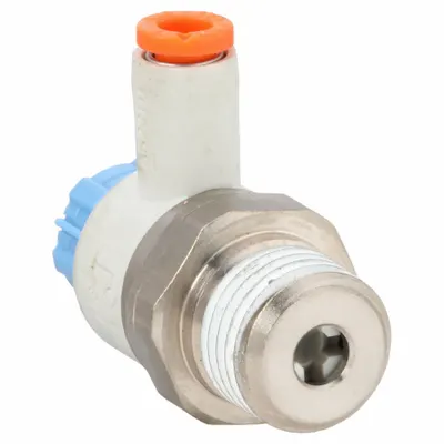 SMC Speed Control Valve: Elbow Fitting, Knob, 1/4 in/1/8 in Valve Body Size - Elbow-Style Speed Control Valves