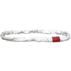 Endless round sling made of polyester with a polyester cover. Body diameter 1 3/8 in, sling length 4 ft. Used for lifting and rigging in industrial settings such as construction, manufacturing, and warehousing. The polyester construction provides flexibility and protects load surfaces.