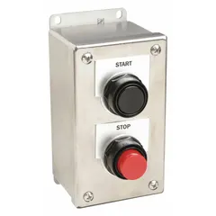 This push-button control station features two flush push buttons with a red Start/Stop legend. It has a 2NO/2NC contact configuration with two momentary operators and no pilot lights. Used for start/stop control of machinery in industrial environments.