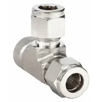 This stainless steel double-ferrule compression tee fitting connects a 3/8 in OD tube line to a 1/4 in pipe branch and another 3/8 in OD tube line. It is compatible with Parker A-LOK fittings and is used in instrumentation, hydraulic, and pneumatic systems for leak-tight connections