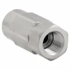 Brass poppet check valve with inline body and 1/8 in FNPT x FNPT female NPT connections. Designed for unidirectional flow control in pneumatic or low-pressure fluid systems to prevent backflow. Suitable for air lines, instrumentation, and similar applications.