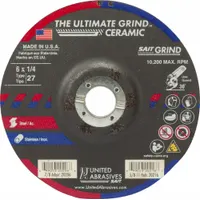 This Type 27 grinding wheel features a ceramic abrasive with 24 grit for cool-cutting material removal on carbon and stainless steel. Dimensions are 6" diameter, 1/4" thickness, and 7/8" arbor hole. Part of the Ultimate Grind Ceramic series
