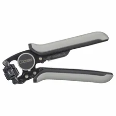 The PANDUIT CT-1200 is a controlled-cycle crimper for non-insulated ferrules, producing a trapezoid crimp profile. It accommodates wire sizes from 28 to 5 AWG and features a deluxe cushion grip for operator comfort. This tool is used in electrical termination and control panel applications requiring consistent crimp force.