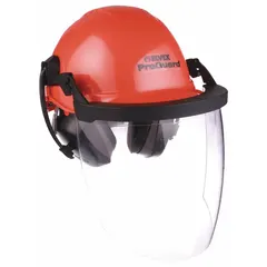 This head protection kit includes a Type 1, Class E front brim hard hat with a ratchet 6-point suspension and medium profile ear muffs. The orange shell provides top impact and high-voltage protection up to 20,000 VAC. Suitable for general industrial environments requiring integrated hearing protection.