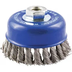 This cup brush is designed for heavy cleaning of contoured stainless steel surfaces. It features standard twist knot wire bristles with a 0.02 in fill diameter and a 4 in diameter. The brush connects via a 5/8"-11 arbor hole. Suitable for removing rust, scale, and weld splatter in industrial fabrication and maintenance tasks.