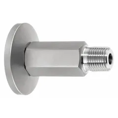 This NW x MNPT vacuum tube fitting is made from 304 stainless steel and rated for vacuum service to 10⁻⁷ torr at 72°F. It connects vacuum system components with a 2 in OD tube to a 1/4 in male NPT pipe port. Typical applications include industrial vacuum chambers, leak detection systems, and semiconductor processing equipment.
