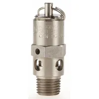 Hard seat pneumatic safety valve with 1/4 in (M)NPT inlet and preset relief setting of 275 psi. Stainless steel construction. Used for overpressure protection in pneumatic systems such as air compressors and process lines