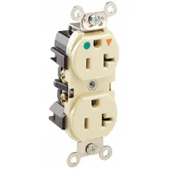Specification grade, duplex receptacle with NEMA 5-20R configuration. Rated 125V AC, 20 A, 2-pole/3-wire. Ivory finish. Suitable for general purpose use in commercial and institutional settings requiring isolated ground.