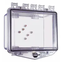 This clear polycarbonate wall fixture guard is designed for outdoor use with keypads. It features a NEMA 3R rating, water resistance, and a 5 15/16 in overall depth. The guard includes mounting hardware for surface-mount installation and helps protect devices against vandalism and accidental damage