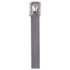 This 304 stainless steel cable tie is designed for bundling and securing cables in demanding environments. It features a ball-lock locking style for secure fastening, with a nominal length of 8 inches, maximum bundle diameter of 2 inches, and width of 0.31 inches. The silver finish resists corrosion, and the pack contains 50 ties.