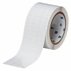 This precut label roll is made of white gloss polyester and measures 2 1/2 inches by 9/32 inch. It is designed for use with the BBP11 printer series. Typical applications include industrial identification, asset tagging, and cable marking.