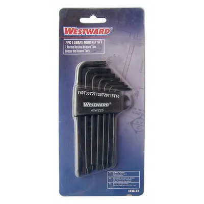 WESTWARD Torx Key Set: Long, 7 Pieces, T10/T15/T20/T25/T27/T30/T40 Tip Size, Std End - L-Shaped Torx & Torx Plus Key Sets