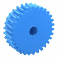 Metric worm wheel with module m 1, 20° pressure angle, right hand helix, and non-ground tooth finish. Made of nylon for corrosion resistance and low noise. Used in power transmission systems for a 30:1 reduction ratio in light-duty applications such as packaging, material handling, and automation