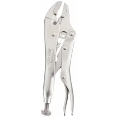 Curved-jaw locking pliers with a 5 in overall length, 7/8 in jaw length, and 1 1/8 in max jaw opening. Lever-actuated plain grip handle for clamping, holding, and gripping workpieces in metalworking, fabrication, and maintenance tasks. No wire cutter.