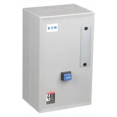 Enclosed non-reversing starter with electronic overload, NEMA Size 2, 45 A, 3 poles, 480V AC coil. Operates on 380-440/440-480V AC. Includes pilot light and 1NO auxiliary contact. Screw terminals. Used for starting and protecting three-phase AC motors in industrial applications such as pumps, fans, and conveyors.