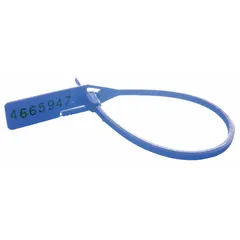 Blue polypropylene pull-tight locking seal with cinch-up design for tamper-evident closure. Measures 7 inches in length. Supplied in packs of 100. Used for securing evidence bags in law enforcement and security applications to maintain chain of custody.