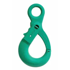 Self-locking hook for lifting applications. Constructed from alloy steel with a painted green finish. Features an eye configuration and a 100 hook grade. Working load limit of 15,000 lb.
