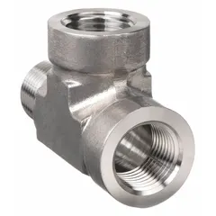 This 316 stainless steel pipe tee connects three 1/2 in pipes in a run x run x branch configuration. Rated for 4500 psi maximum operating pressure, it is suitable for extreme-pressure instrumentation systems in hydraulic, pneumatic, and process control applications.