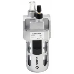 Aluminum-body micro-mist lubricator with 1/4 in NPT connection. Rated for 58 cfm flow and 145 psi maximum operating pressure. Knob adjustment controls oil feed rate. Used to inject fine oil mist into compressed air lines for lubrication of pneumatic tools and equipment in workshop and industrial settings.