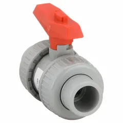 Two-piece CPVC ball valve with straight body, socket x FNPT connections, and lever handle. Used for manual on/off flow control in CPVC piping systems handling corrosive fluids or water.