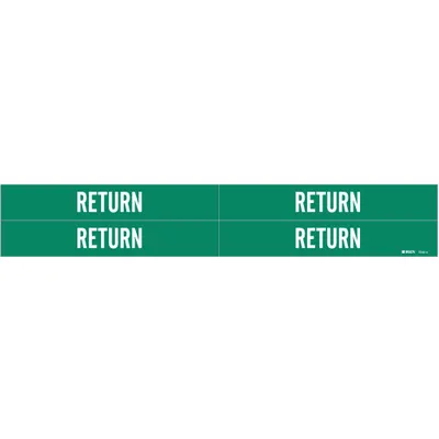 BRADY Pipe Marker: Return, Green, White, Fits 3/4 to 2 3/8 in Pipe O.D., 4 Pipe Markers - Return Adhesive Pipe Markers