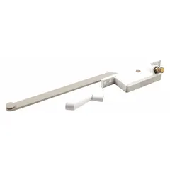This right-hand crank window operator is designed for casement windows and mounts on the frame. It includes a handle and features a white painted finish with a 4 3/4 in base length. Suitable for residential or commercial window operation.