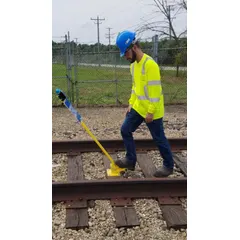 Solar-powered derail flag sign with a blue railroad lamp. Provides a self-contained warning signal for rail applications, indicating a derailed or obstructed track. No external wiring required.