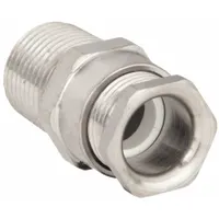 Straight metallic cable grip for hazardous locations, Class I, Division 2, Groups B, C, D. Brass body with silver finish, 1-1/2 in MNPT box connection, accepts cord diameters 1.22 in to 1.50 in. NPT threads, no color-coded grommet. Used to secure and seal cords in environments with explosive gases or vapors