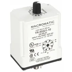Socket-mounted time delay relay with 8 pins, rated for 240V AC and 10 A. Used to control timing sequences in industrial automation, HVAC, and process control systems, delaying or cycling electrical loads to protect equipment from rapid cycling or sequencing startup.