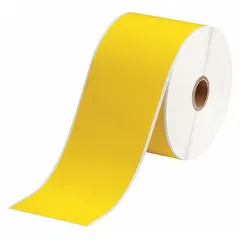 Polyvinyl fluoride continuous label roll, black on yellow, for permanent identification of wires from 28 AWG to 20 AWG. Wraps around wire for clear marking. Requires R4313 ribbon; compatible with THT printer series. Used in industrial panel building, electrical maintenance, and OEM equipment wiring.