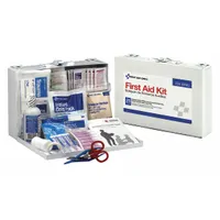 Portable first aid kit in a white metal housing, serving up to 25 people. Contains 106 components including (3) fingertip bandages, a trauma pad, (6) antibiotic ointment packets, and (12) aspirins. OSHA compliant for general purpose use in workplaces such as offices and light industrial settings