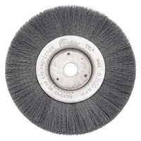This WEILER brush features a crimped steel fill of 0.014 in, designed for light cleaning of carbon steel surfaces. It measures 10 inches in diameter by 3/4 inch wide with a 3/4 inch arbor. Suitable for removing rust, scale, and light burrs in metal fabrication and maintenance applications