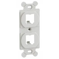 This PANDUIT 106 Module Frame is a voice and data housing in off white, designed to accommodate 2 ports for Duplex/Mini Com modules. It is used in structured cabling systems to mount and organize modular jacks, providing a clean interface for network connections.