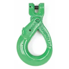 Self-locking hook with clevis mounting for secure load attachment in lifting and rigging applications. Made from alloy steel with a green finish. Grade 100 rated. No visual indicator markings.