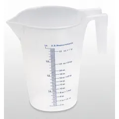 This 1 L capacity oil measuring container features a lip spout and translucent clear construction with graduation marks. With an overall height of 6 3/4 inches, it is suited for measuring and transferring fluids in maintenance and fluid-handling tasks.