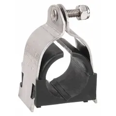 This strut clamp is designed for 1 in pipe with a maximum outer diameter of 1 5/16 in. It features a TPE cushion material for vibration dampening and includes mounting hardware. Suitable for general-purpose temperature applications in piping systems.