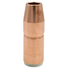 This conical copper nozzle with a 1/2 in opening and 1/8 in recess is designed for use with AccuLock MDX contact tips. It features self-insulated construction and a standard duty rating. Commonly used in MIG welding to direct shielding gas and protect the contact tip.