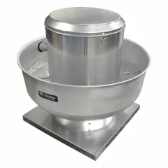This belt-drive upblast exhaust fan is assembled with a square base and includes a drive package. It features a 16 1/2 in wheel, delivers 3,060 cfm, and is powered by a 1 1/2 hp open dripproof motor with variable speed. Designed for wall mounting, it operates at 230/460V AC and is suitable for exhausting grease-laden air in commercial kitchen ventilation systems.