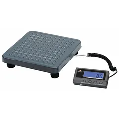 This MEASURETEK shipping scale with remote indicator has a 165 lb weight capacity and a 2 1/2 in weighing surface depth. It features an LCD display that shows weight in kilograms or pounds, with a resolution of 0.05 kg/0.1 lb. The scale includes a USB interface for data connectivity. Typical applications include weighing parcels and packages in logistics, warehousing, and shipping departments.