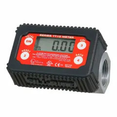 This in-line digital turbine meter totalizes fuel flow with +/-1% accuracy. It features a 1 in BSPP connection, an acetal rotor, and a digital display measuring in gallons. Suitable for monitoring fuel transfer in industrial and commercial applications.