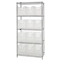 One-sided wire shelving unit with steel frame in silver finish. Includes 12 clear polypropylene open-front bins in hang and stack style, each 12-1/2 in x 10-7/8 in x 17-1/2 in. Suitable for organizing small parts in industrial environments.