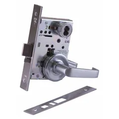 Classroom lever lockset with a satin chromium-plated stainless steel finish. ADA compliant and features an interchangeable core for rekeying. Designed for interior doors in educational and commercial facilities. Lockset style: 40H Rose. Not ligature-resistant; no visual indicator message.