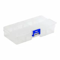 Clear plastic compartmented box with adjustable dividers for organizing small parts such as screws, nuts, beads, or electronic components. Single latch secures contents during transport or storage. Dimensions: 5 1/2 in x 2 3/4 in x 1 1/4 in.