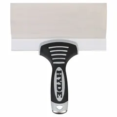 This corrosion-resistant spreading tool features a stainless steel blade and a plastic handle with a straight blade shape. It is used for applying and smoothing joint compound, spackle, or adhesive in drywall finishing and surface preparation tasks.