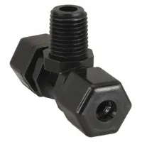 This PARKER compression tee fitting is made of polypropylene and has three connections: two 3/8 in OD tube ends and one 3/8 in pipe size end. It is used to branch or combine fluid lines in industrial piping systems. The fitting complies with NSF/ANSI 51 standards