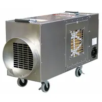 Portable electric heater for structural drying, sanitizing, and emergency heating. Delivers 11 kW output at 200/240V AC single-phase. Variable speed control. Requires cord (NEMA plug configuration: requires cord). Dimensions: 18 in x 11 in x 30 in