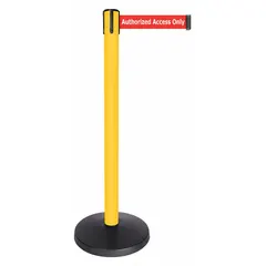 This retractable belt post barrier features a yellow metal alloy base and ABS belt housing with a 10 ft red belt printed with white 'Authorized Access Only' text. Used for pedestrian flow management and access control in commercial settings such as airports, offices, and event venues.