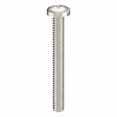 Pan head machine screw with #2-56 thread size, 3/4 in length, made from 18-8 stainless steel with plain finish. Phillips drive with #1 drive size. Sold in a 50-pack. Suitable for fastening components in machinery, electrical enclosures, and instrumentation where a low-profile head and precise threading are required.