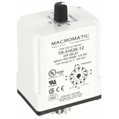Socket-mounted time delay relay with 12V DC coil voltage and 10A contact rating. Features 11 pins/terminals for connection. Used in industrial control panels for timing and sequencing operations such as motor start/stop delays, conveyor timing, and HVAC sequencing.