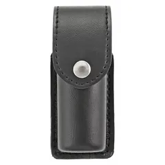This holster is constructed from synthetic leather and features a snap closure for secure retention. It is designed to carry standard pepper spray canisters for personal defense, suitable for security personnel or civilians requiring quick-access carry.